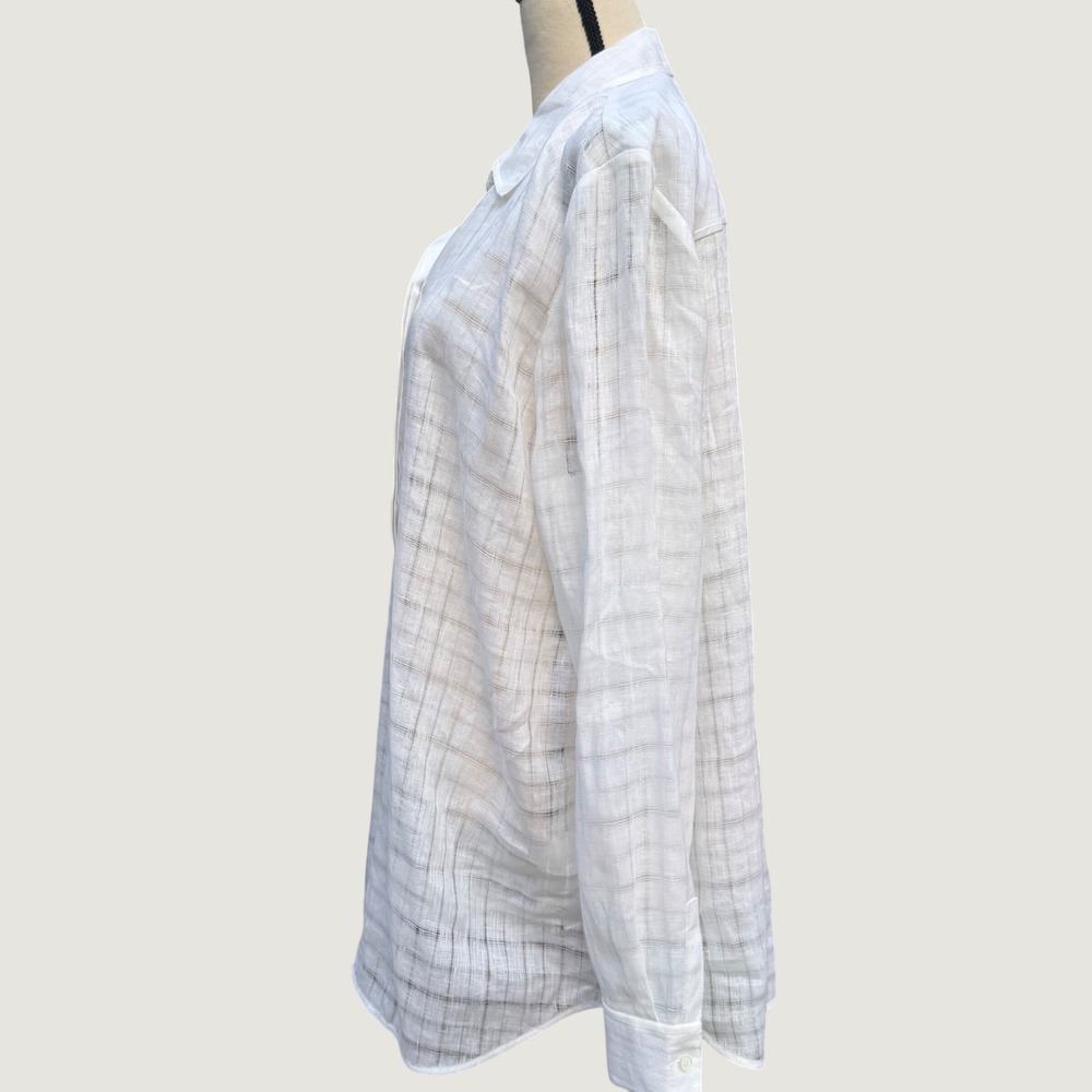 Lafayette 148 New York White Sheer Linen Grid Button Down Shirt Blouse XL - Picture 2 of 11